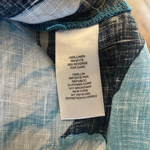 Eli Tahari blue Tropical Printed Split Neck Collared Linen Blouse - Picture 5 of 8